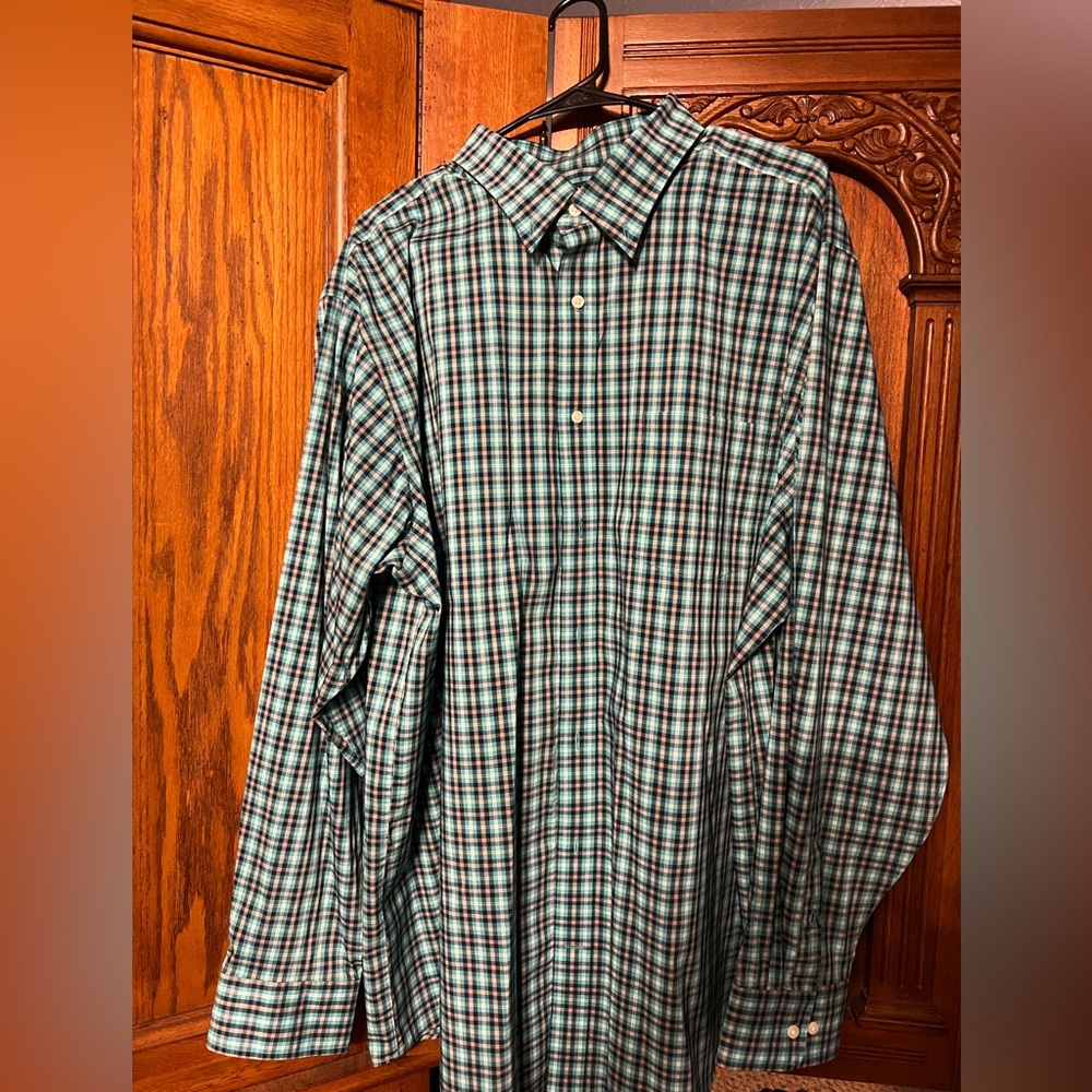Lands End 2XLT Men’s Oxford, EUC, worn once, turquoise plaid w/navy, white, red